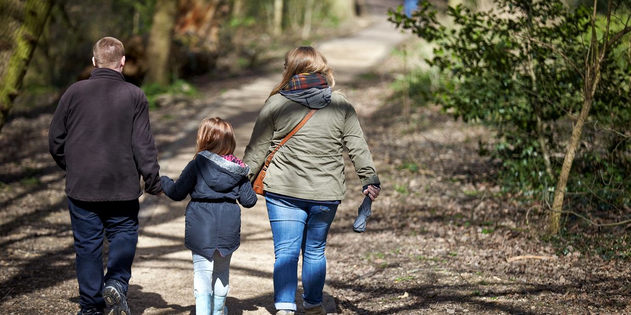 Family walking on a wooded path holding hands.