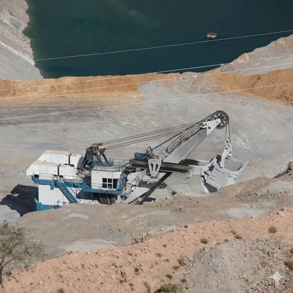 Large mining excavator working near a water body.