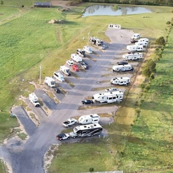 Aerial view of an RV park with multiple parked RVs and trailers.