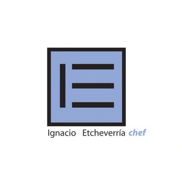Minimalist logo with blue square and black lines, text 'Ignacio Etcheverría chef'.