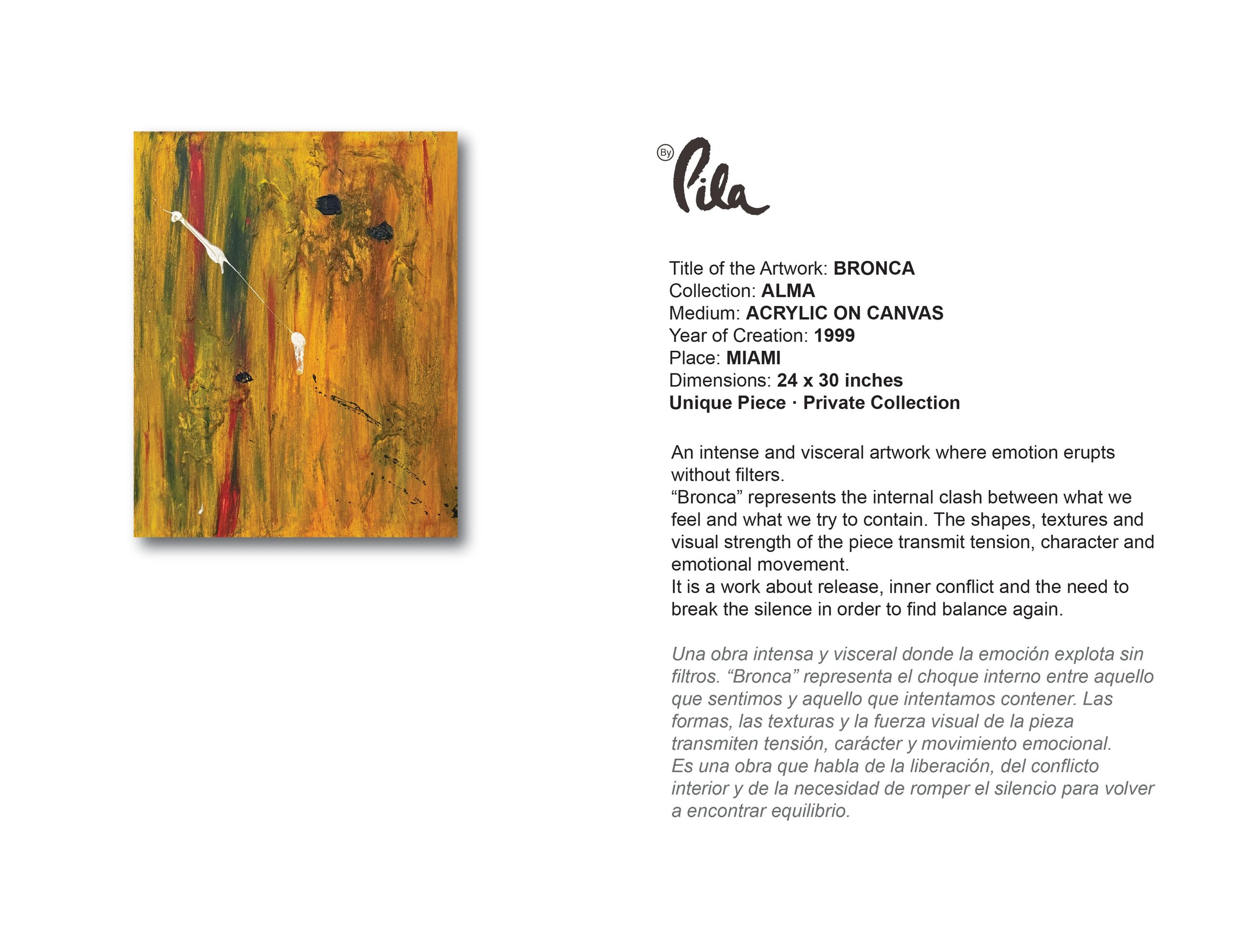 Abstract acrylic painting titled 'Bronca' with intense yellow and red tones.