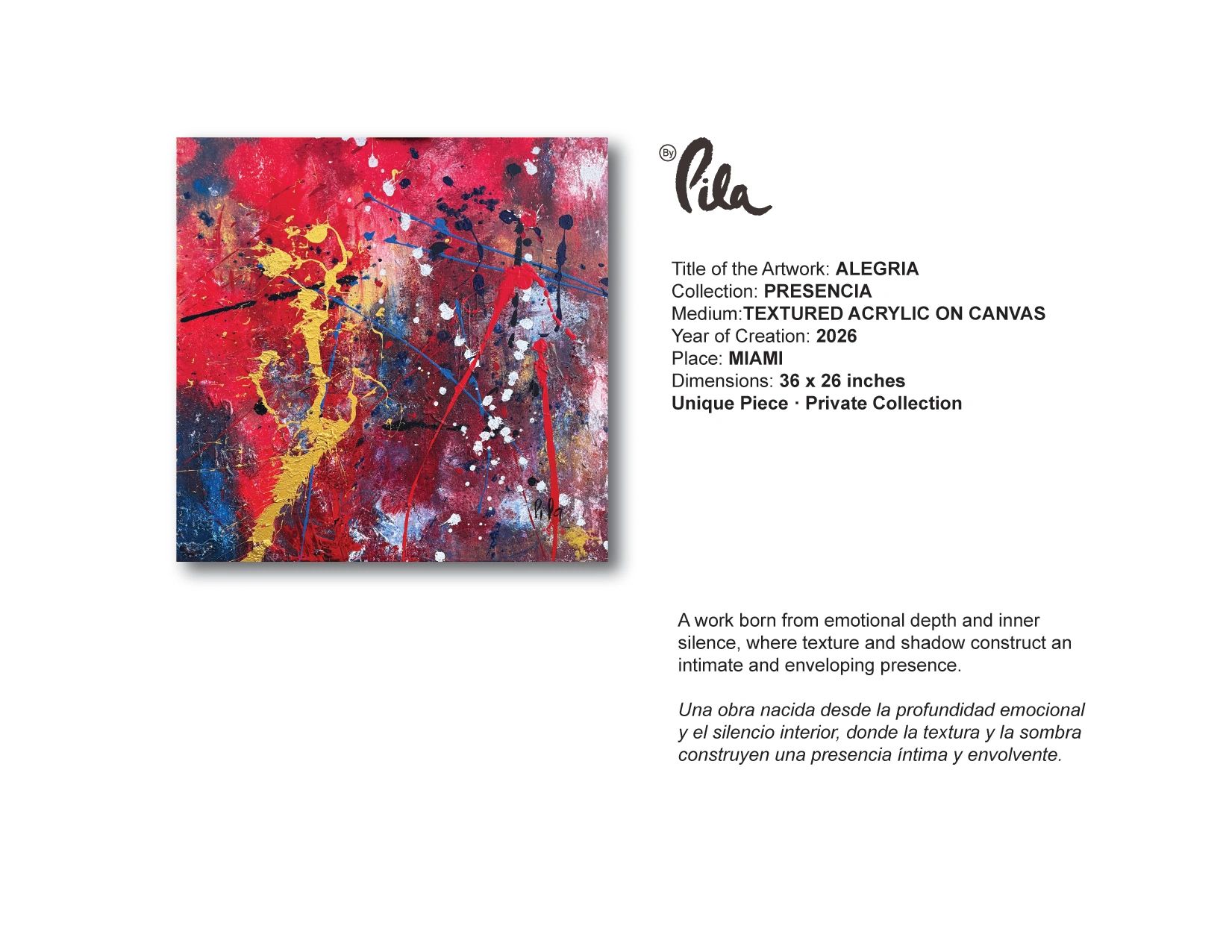 Abstract textured acrylic painting titled ALEGRIA with vibrant reds, yellows, blues, and whites.