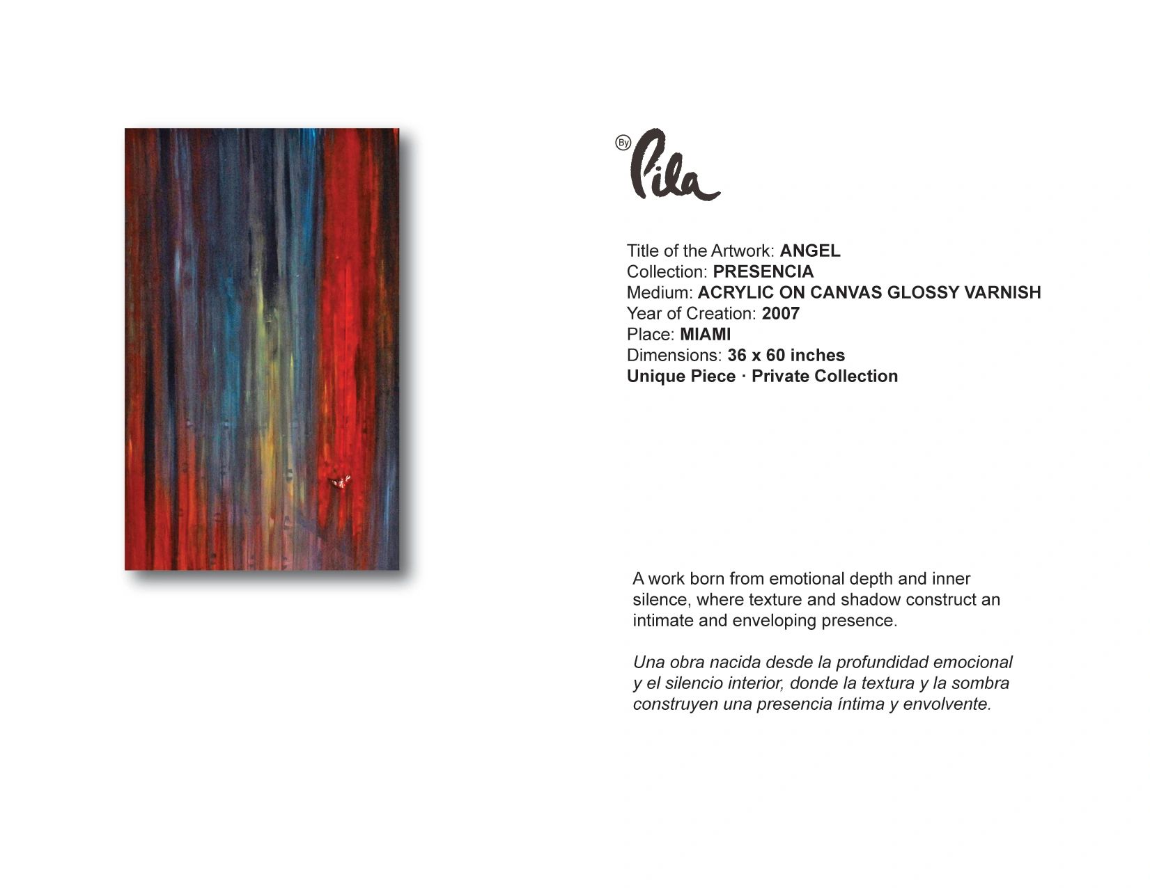Abstract acrylic painting titled 'Angel' by Pila, featuring vertical lines in red, blue, and dark tones.