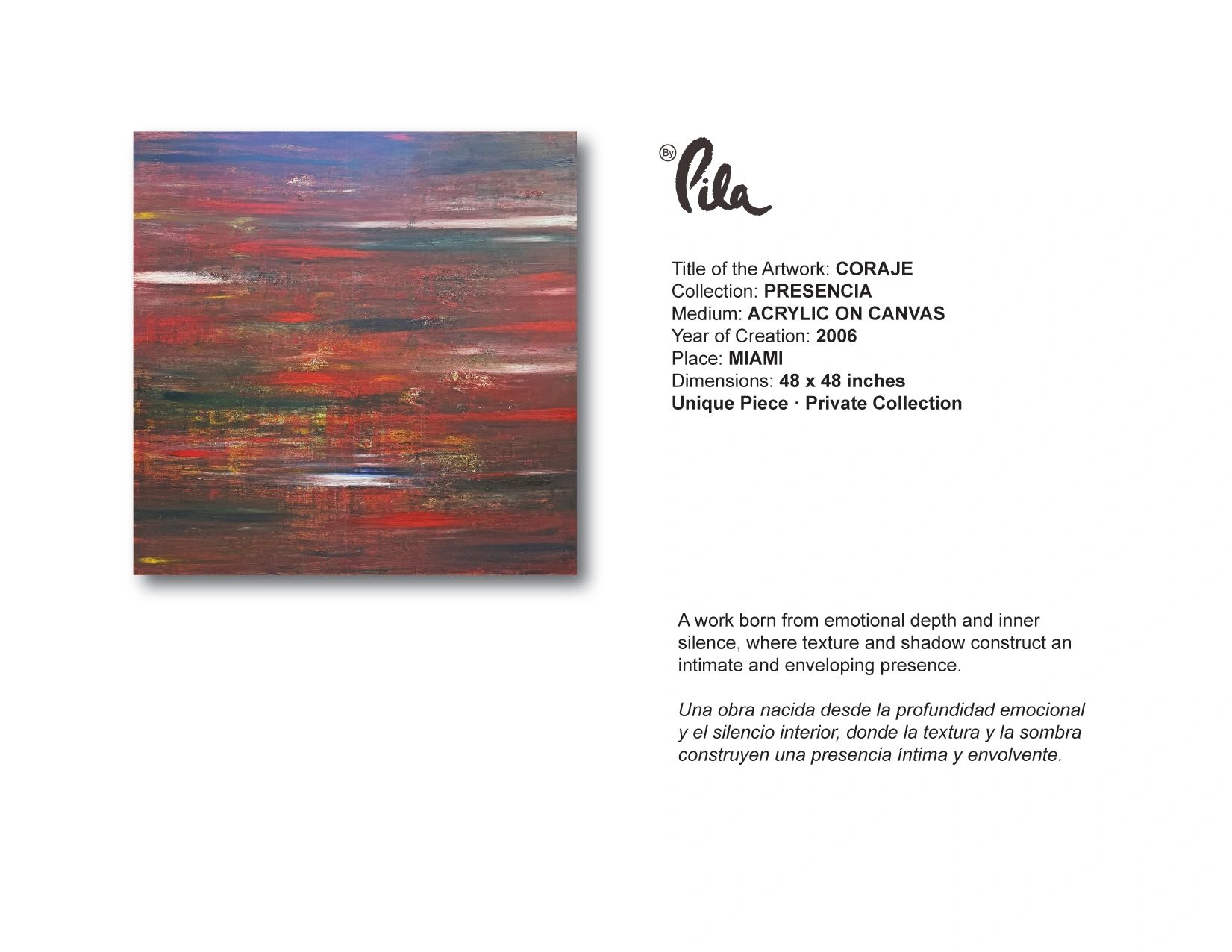 Abstract acrylic painting titled "Coraje" with warm, blended horizontal strokes.