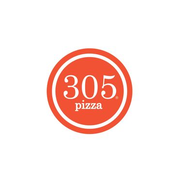 Logo of 305 Pizza with white text on an orange circular background.