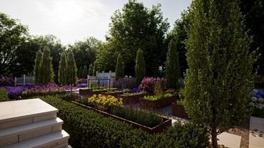 A vibrant garden with raised flower beds and lush greenery in sunlight.
