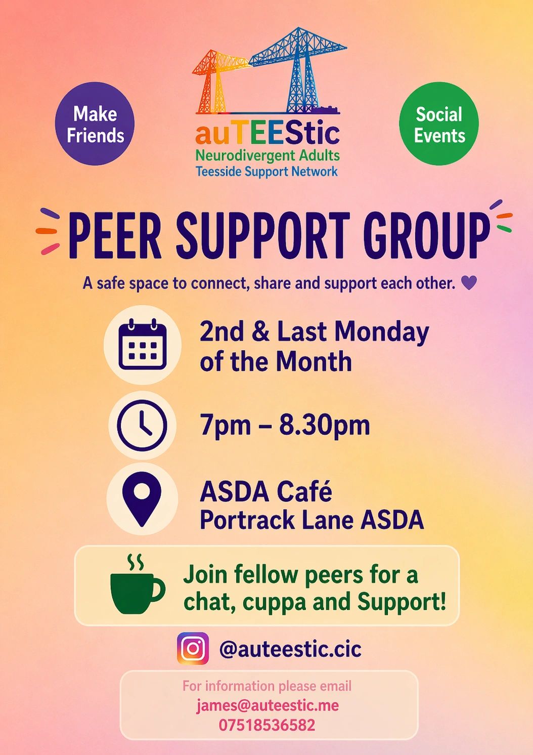 Peer support group for neurodivergent adults meeting twice monthly at ASDA Café.