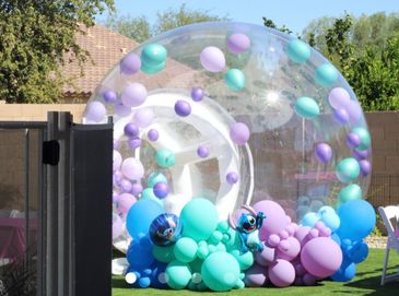Colorful bubble party decoration outdoors.