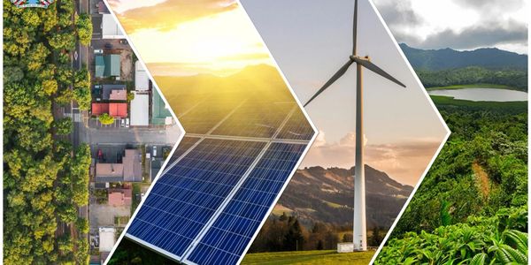 Four segmented images showing urban area, solar panels, wind turbine, and lush green landscape.