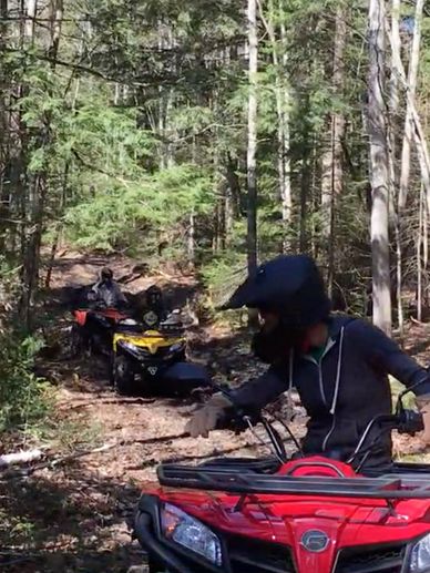 People riding ATVs on a forest trail.