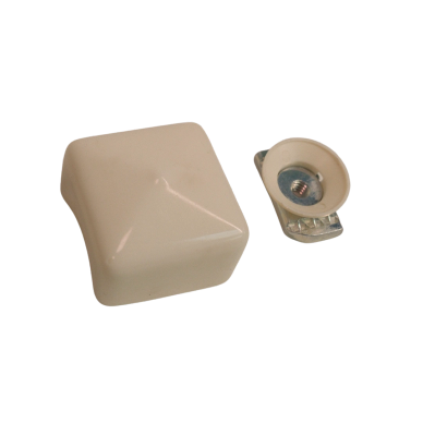 Two white plastic components, one square and one circular.