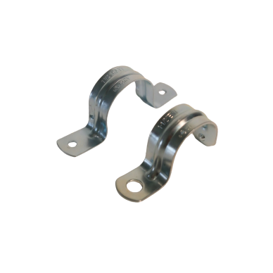 Two metal pipe clamps with holes for screws.