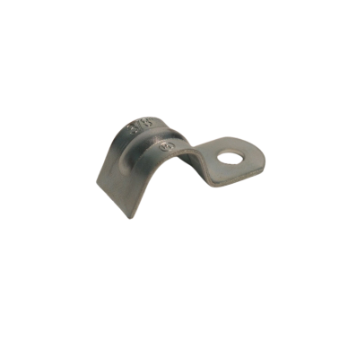 Metal conduit clamp with a hole for fastening.