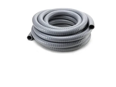 Coiled grey flexible corrugated conduit pipe.