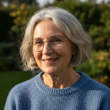 Smiling elderly woman with gray hair and glasses in a blue sweater outdoors.