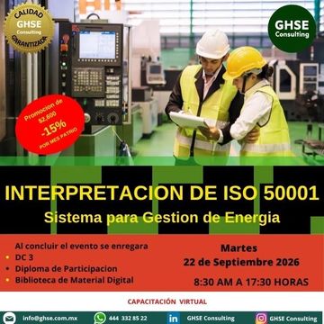 Anuncio de capacitación sobre ISO 50001 para gestión de energía.