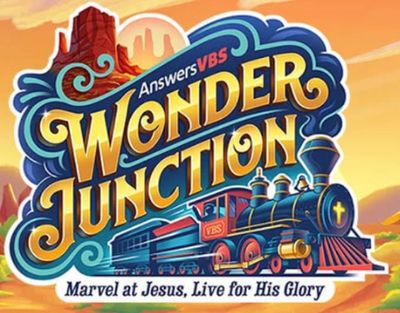 Colorful logo for Wonder Junction VBS featuring a train and Christian theme.