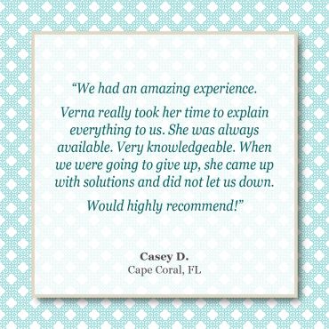 Customer review praising Verna's helpfulness and knowledge.
