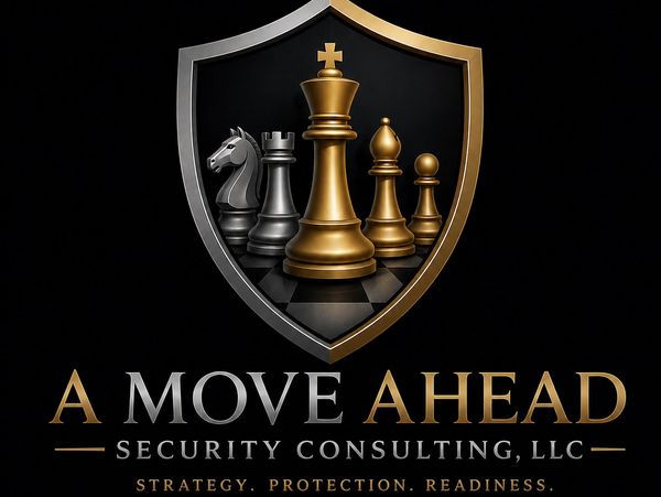 Gold and silver chess pieces inside a shield for a security consulting logo.