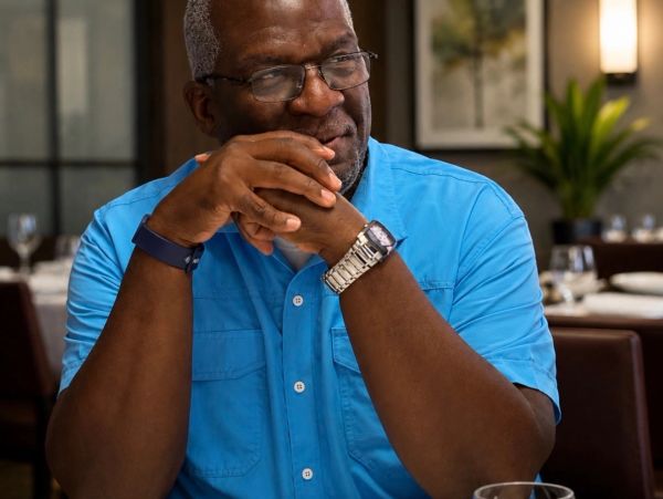 Man in blue shirt sitting at a dining table, smiling thoughtfully.