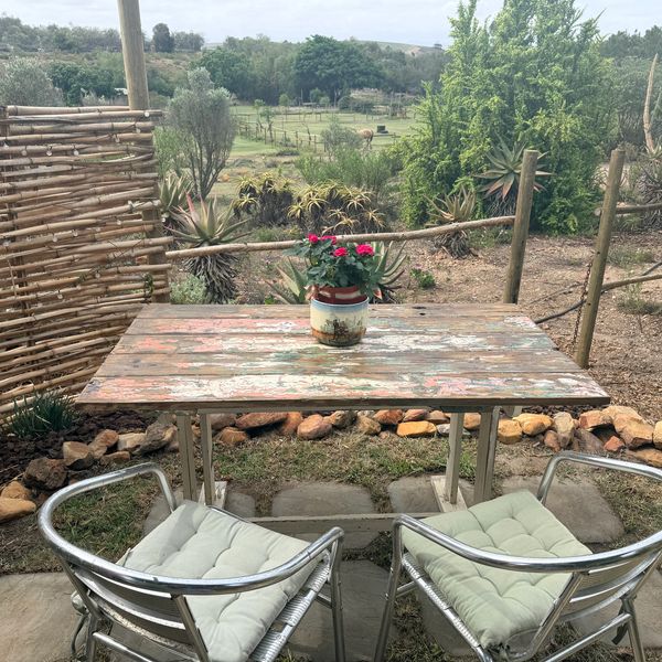 Outdoor table with two chairs and flowers in a pot.