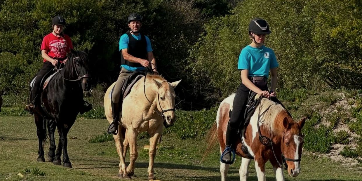 Three people ride horses along a grassy path surrounded by trees.