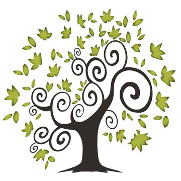 Artistic tree with swirling branches and green leaves.