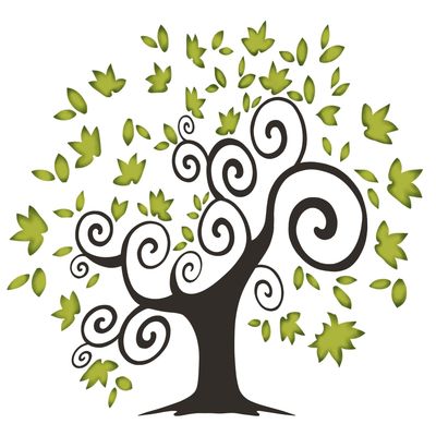 Stylized tree with swirly branches and green leaves.