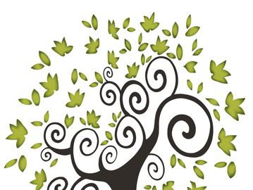 Artistic tree with swirling branches and green leaves.