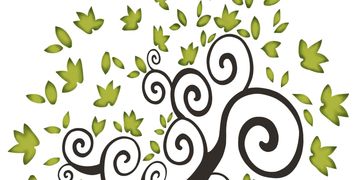 Artistic tree with swirling branches and green leaves.