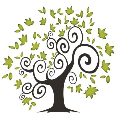 Abstract tree with swirling black branches and green leaves.