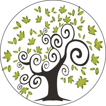 Illustration of a stylized tree with swirling branches and green leaves.