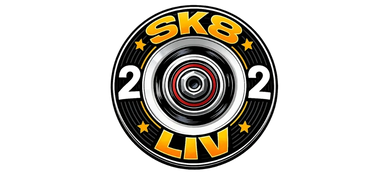 Skateboard wheel logo with text SK8 LIV 2021 in yellow and black.