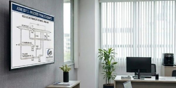 Modern office with a technical diagram on the wall and computer on the desk.
