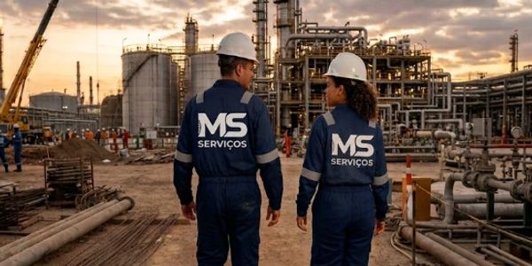 Two workers in safety gear at an industrial plant during sunset.