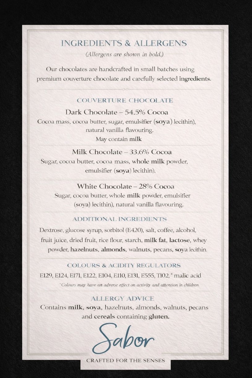 Chocolate ingredients and allergen information for dark, milk, and white chocolates with additional ingredients.