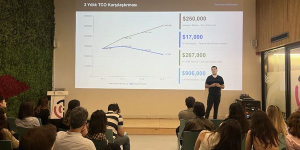 A presenter explains a 3-year TCO comparison chart to an attentive audience.