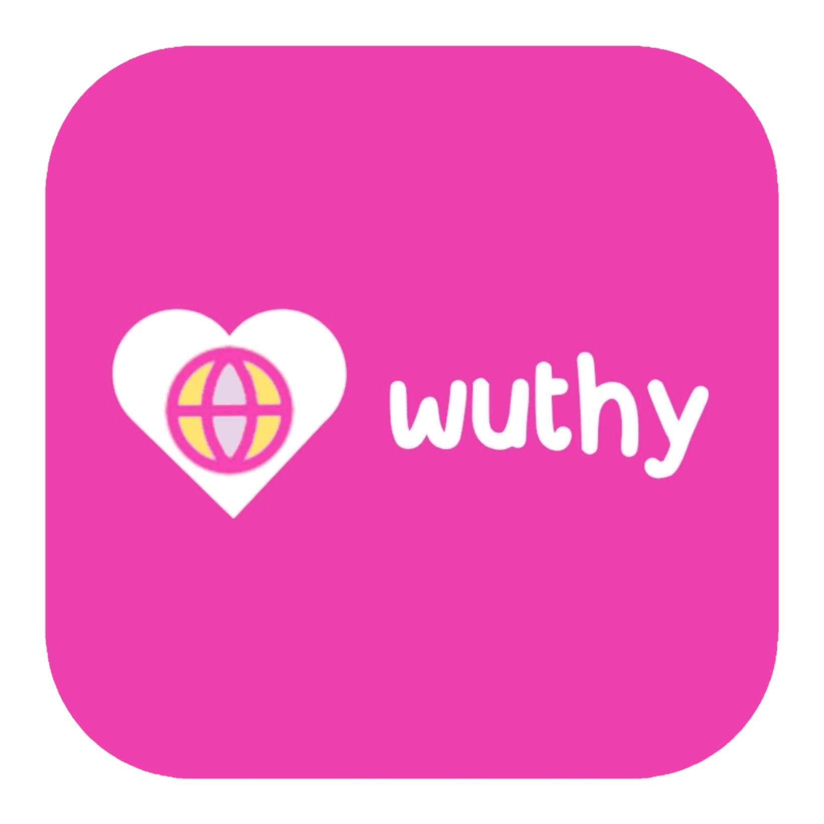 Wuthy logo hot pink rounded square button with a white heart globe symbolizing netspace. So cute. 