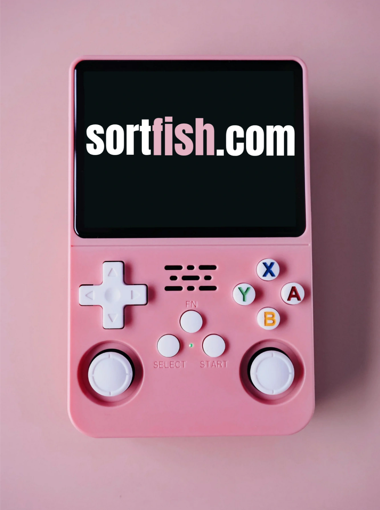 Pink gameboy with text on the screen that says sortfish.com hasbro sanrio
