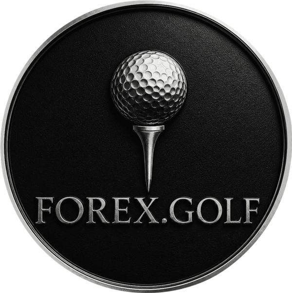 Circle silver and black logo with tee and golf ball. 