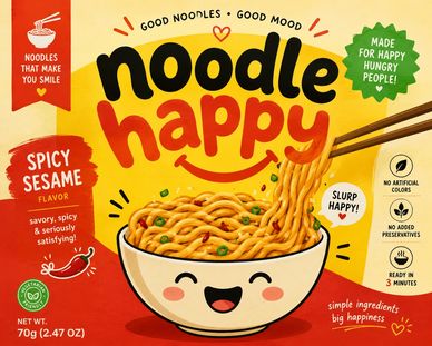 Package of Spicy Sesame flavored Noodle Happy instant noodles.