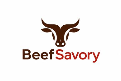 Logo of a beef brand named Beef Savory with a bull's head.