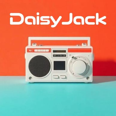 Orange and teal background with white ivory 1980s style boombox.