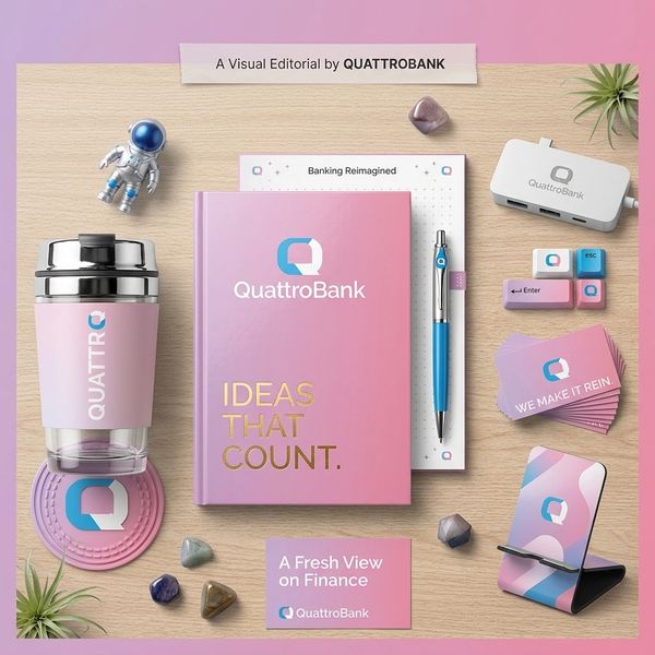 QuattroBank branded office stationery and accessories laid out on a wooden table.
