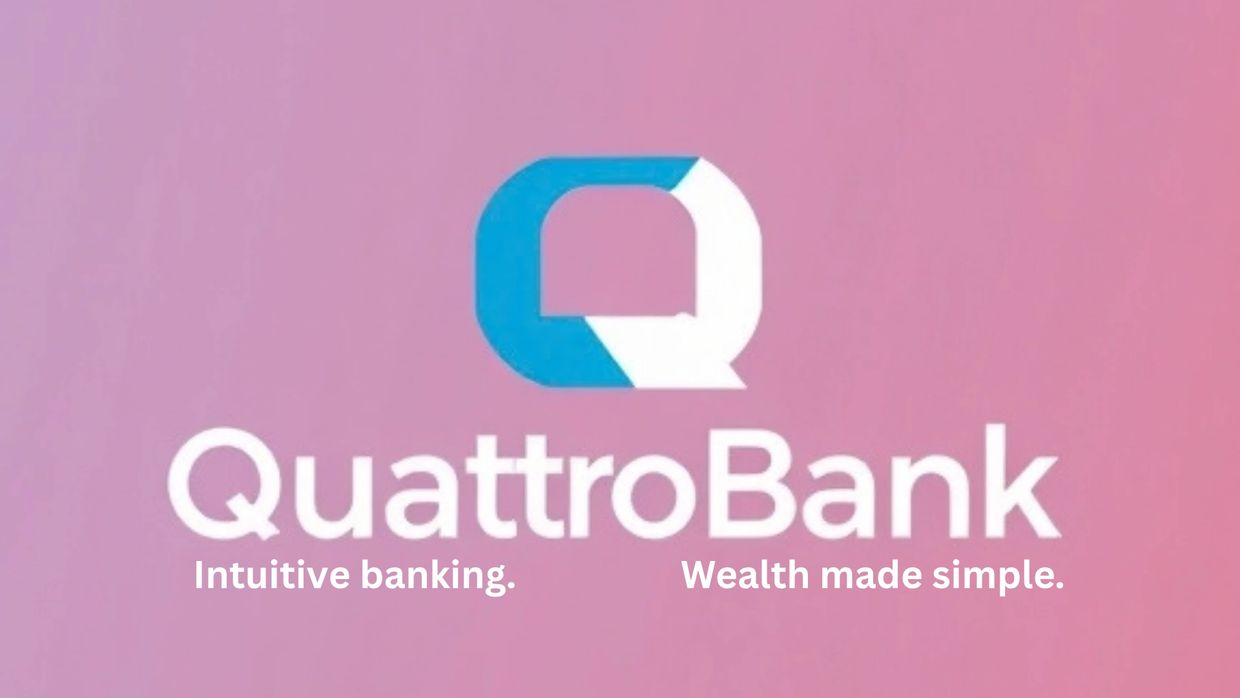 QuattroBank logo with slogans on a pink background.