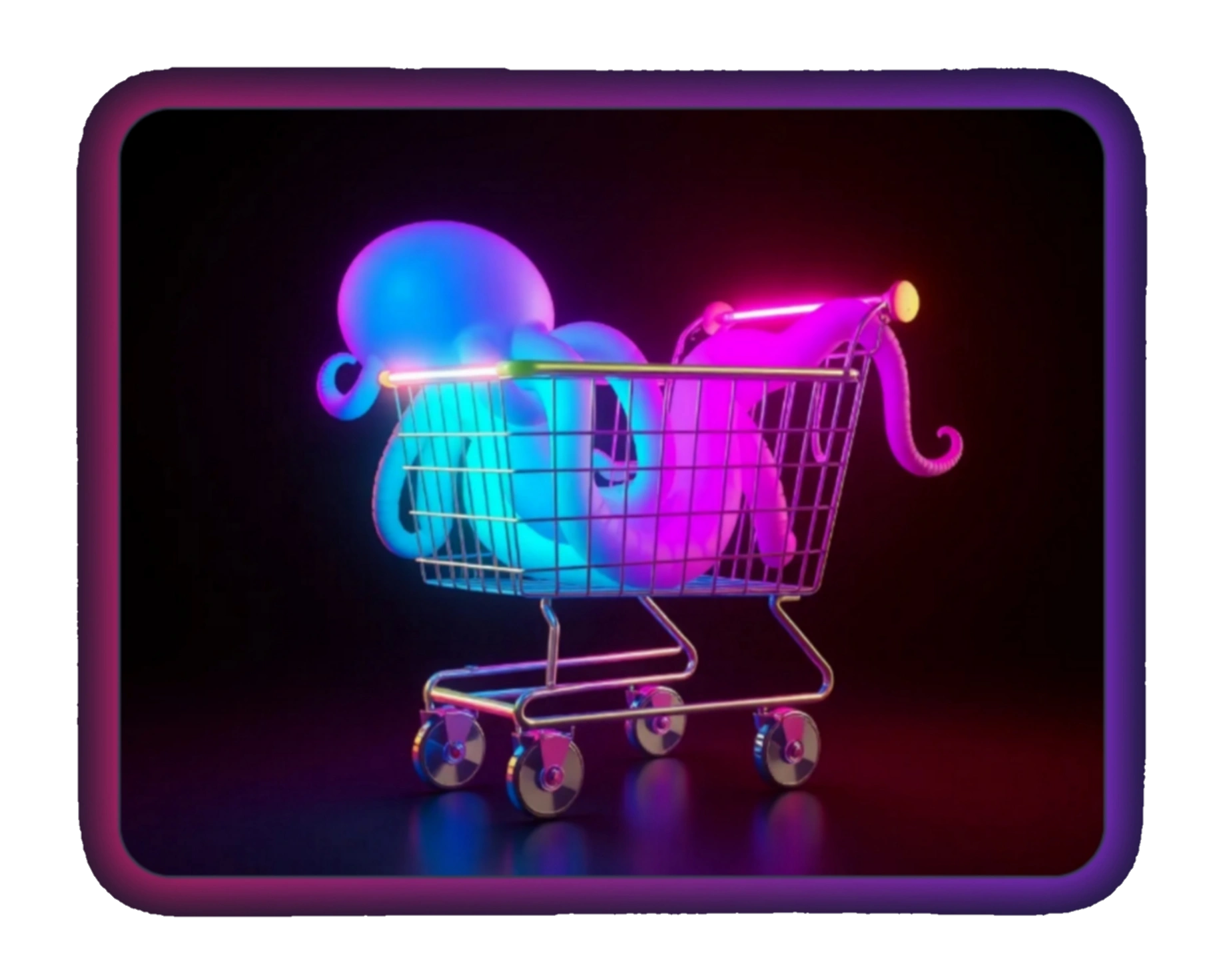 A neon squid in a grocery cart.