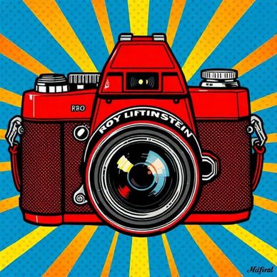 Illustrated red camera with colorful background.