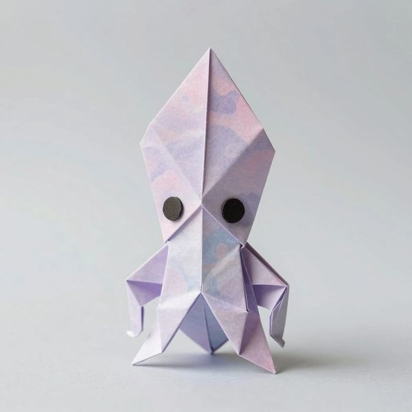Origami squid made from patterned purple paper with black eyes.