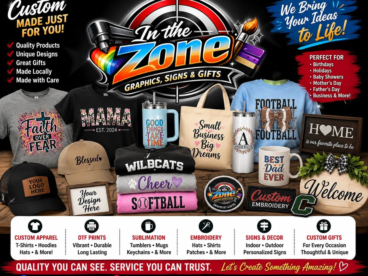 Custom apparel and gifts showcasing unique designs and local craftsmanship.