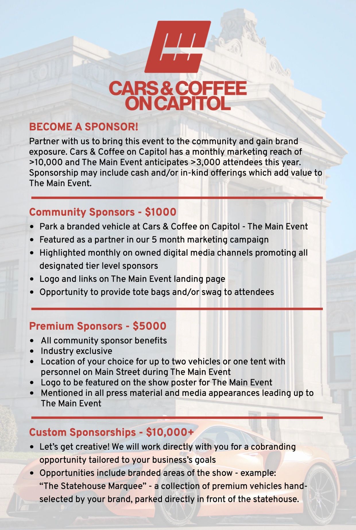 Sponsorship opportunities for Cars &amp; Coffee on Capitol event with benefits at various levels.